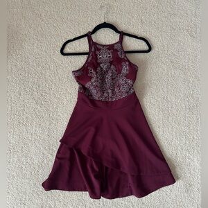 Burgundy Halter Dress with Silver Embroidery